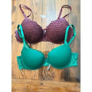 Lot of 2 Aerie Teal Green Maroon Lace Trim Padded Underwire Push Up Bra Size 34C